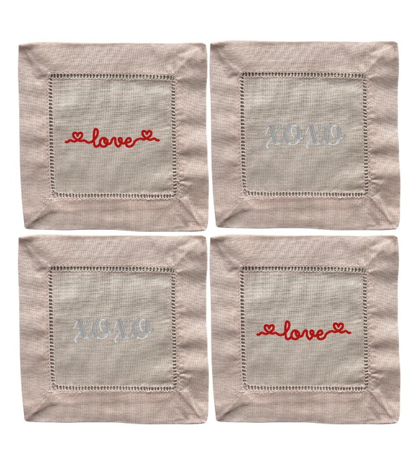 Classic Hemstitch Square Cocktail Napkins- Love Valentine